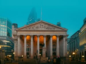 Stunning view of the Royal Exchange building in London during twilight.